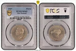 ニュージーランド 1947 KGVI ワン フロリン コイン PCGS MS65 2nd ポップ 3/1 #9239|WORLD RESOURCE【KING店】