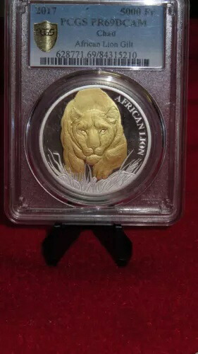 2017 チャド アフリカン ライオン 1オンス .999 シルバー ? レア 金メッキ 金メッキ ? PCGS PR69 5000