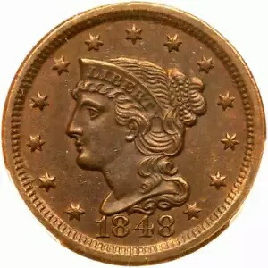 1848 N-35 R-2 PCGS MS 62 BN 編み込みヘア ラージ セント コイン 1c