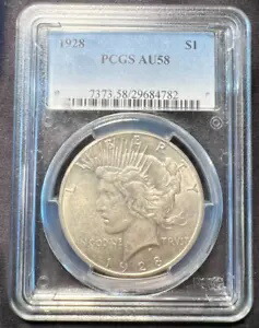 主要な日付: 1928 年 $1 平和銀ドル PCGS AU58、非流通についての選択