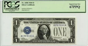 1928 $1 シルバー証明書 ブルー テート メロン Fr# 1600 PCGS SUPERB GEM 67PPQ