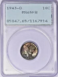 1943 D マーキュリー ダイム PCGS ラトラー OGH MS65FB フルバンド レインボー トーン アンダーグレード 212,850円