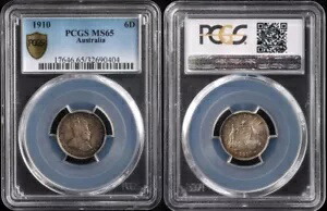 オーストラリア 1910 KGV 6d - ゴールデングレーのトーン。 PCGS グレード MS65。希少です。|WORLD RESOURCE【KING店】