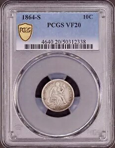 1864-S シーテッド リバティ ダイム PCGS VF20 - ベターデイト ローミント!素敵なオリジナルコイン