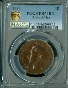 1944 南アフリカ 1 ペニー PCGS PR64 BN MAC スポットレス 150 鋳造 *