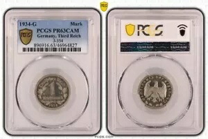 ドイツ 1 ライヒスマルク 1934 G プルーフ コイン PCGS PR63 CAM カメオ マーク 第三帝国