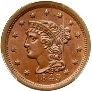 1849 N-2 R-2 PCGS AU 58 編み込みヘア ラージ セント コイン 1c