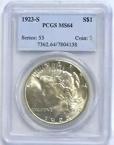 :1923-S 1$ シルバー ピース ドル ニア ジェム PCGS MS64 ロー ポップ レア R2 最高級グレード