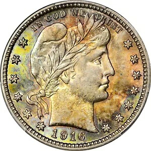 1916d PCGS MS62 - スペクタクル - 珍しいレインボートーンの理髪店クォーターダラー