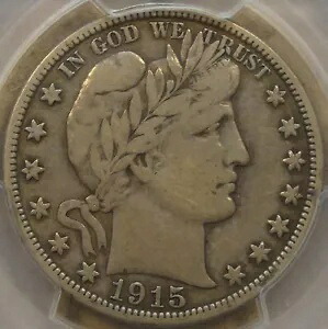 1915 バーバー ハーフダラー 50c PCGS 認定 VF20