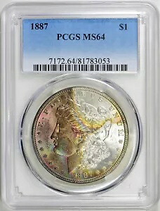 1887 モーガン シルバー ダラー PCGS MS64 レインボー トーン ダブル クレセント トーニング パターン