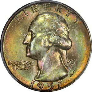 1957 D PCGS MS66 レインボートーンのワシントンクォーター。信じられないほどの緑!!