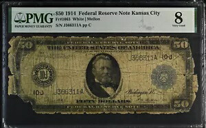 希少 1914 $50 FRN **21 既知** 1063 ホワイト|メロン PMG 8 VG (紙ダメージ)