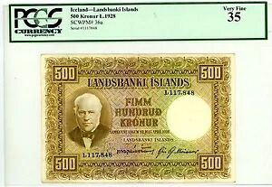 アイスランド … P-36a … 500 クローヌール … L.1928 … *Vf-XF* ... PCGS35 (VF-XF)。