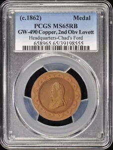 1862 GW-490 カッパー ヘッドクォーター チャドのフォード PCGS MS65RB メダル