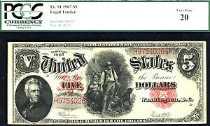 1907 年、$5 FR 91 ラージサイズ リーガル - PCGS 20 PPQ