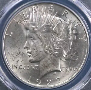 1927 D ピース ドル PCGS MS 62 シルバーホワイト、素敵な光沢のある軽い擦り傷が見られます。｜WORLD RESOURCE【KING店】