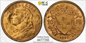 1930-B スイス 20 Fr 20 フラン ゴールド PCGS MS64 (AGW: 0.1867 オンス)｜WORLD RESOURCE【KING店】
