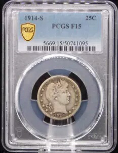 1914-S 25c バーバー シルバー クォーター PCGS F15 ファイン B03 ベター デイト｜WORLD RESOURCE【KING店】
