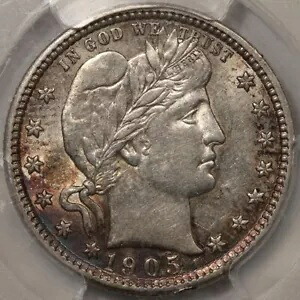 1905 バーバー クォーター PCGS AU-55 - 魅力的な引き締め！