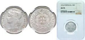 ポルトガル 1916 20 センタボス シルバー 835 NGC AU 55