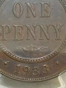 オーストラリア 1933/2 ペニー オーバーデイト、PCGS XF シャープ 8 パール &ジェム XF、CV$ 1490