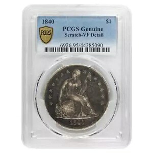 1840 年着席リバティ ドル 1 ドル、PCGS VF ディテール - 傷あり