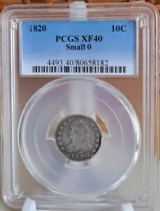 1820 シルバー キャップド バスト ダイム グレード PCGS XF40、日付に「Small 0」
