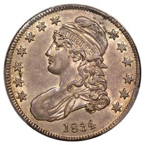 1834 0-116 50C スモール日付、スモールレター キャップドバスト ハーフダラー PCGS AU53 (CAC)|WORLD RESOURCE【KING店】
