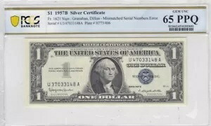 1957 $1 シルバー証明書 PCGS の不一致 最初のシリアル番号 37/47 のエラーメモ。｜WORLD RESOURCE【KING店】
