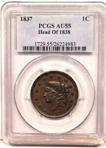 1837 年 1838 年のコロネットまたはマトロン ヘッド米国ラージ セント PCGS AU55 の頭｜WORLD RESOURCE【KING店】