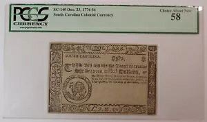 1776 $6 サウスカロライナ植民地通貨 PCGS 通貨の選択 新しい 58 について