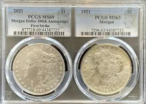 1921 MS63。 2021 MS69。モーガン シルバー ダラー ダブル ホルダー｜WORLD RESOURCE【KING店】