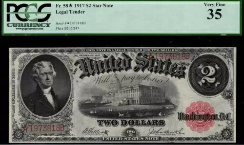 1917 年 $2 法定通貨 FR-58* - スターノート - 等級 PCGS 35｜WORLD RESOURCE【KING店】