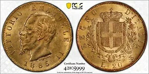 1865 20 リラ イタリア BN ヴィットリオ エマヌエーレ 2 世 PCGS MS62 金貨|WORLD RESOURCE【KING店】