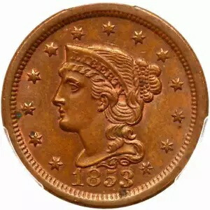 1853 N-4 R-3+ PCGS MS 64 BN 編み込みヘア ラージ セント コイン 1c｜WORLD RESOURCE【KING店】
