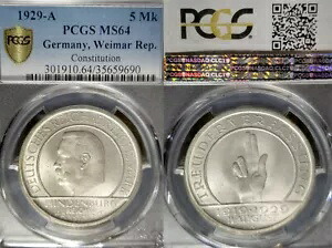 ドイツ 1929 A 5 マーク、憲法 PCGS 64 素晴らしい高級品、光沢、希少性｜WORLD RESOURCE【KING店】