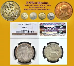 アイルランド 1928 ハーフクラウン、NGC 63、スーパーブ BU、オリジナル ライト GoldenToning｜WORLD RESOURCE【KING店】