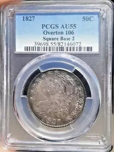 1827 キャップドバスト ハーフダラー 50c、スクエアベース 2 O-106。 PCGS AU55。｜WORLD RESOURCE【KING店】