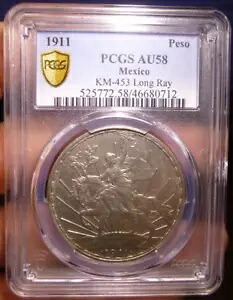 1911 メキシコ ペソ シルバー カバリート ロング レイ PCGS AU 58｜WORLD RESOURCE【KING店】