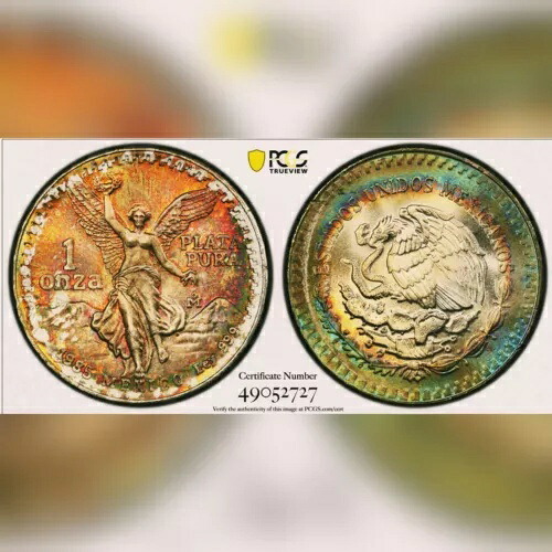 メキシコ シルバー オンザ リベルタード 1985 PCGS MS 66 レインボー トーン シルバー コイン 1 オンス｜WORLD RESOURCE【KING店】