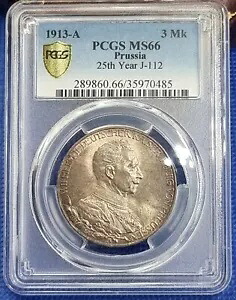 1913A プロイセン シルバー 3 マーク PCGS グレード MS66 で、2 番目に高いグレードです。