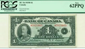 PCGS BC-1b 1935B $1 新品 62PPQ カナダ シリアル #A5823403 プレート #A2/2｜WORLD RESOURCE【KING店】