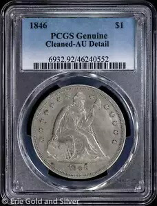 1846 $1 着席リバティ シルバー ドル PCGS 正規 AU 詳細