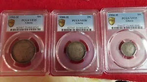 1906 リベリア シルバー 50 セント、25 セント、10 セント PCGS VF 25 & VF30 コイン セット