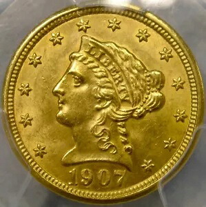 1907 リバティヘッド 2.5 ドル ゴールド クォーター イーグル、美しいゴージャスな光沢 PCGS MS 63｜WORLD RESOURCE【KING店】