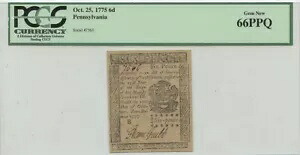 1776 年 10 月 25 日 6d ペンス ペンシルベニア PCGS ジェム 66PPQ|WORLD RESOURCE【KING店】