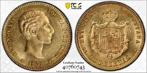 1878 (78) DEM ゴールド 25 ペセタス MS 62 PCGS スペイン POP 12|WORLD RESOURCE【KING店】