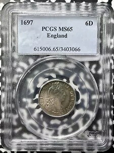 1697GBウィリアム 3 世 6 ペンス PCGS MS65 ロット番号 G7620 シルバー!美しい調色!|WORLD RESOURCE【KING店】