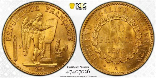 フランス、ゴールド 20 フラン 1875 A-PCGS MS 65、レア 7｜WORLD RESOURCE【KING店】